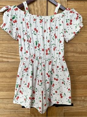 Heart & Arrow White Romper with Red Cherry & Green Leaf Print Girls 12